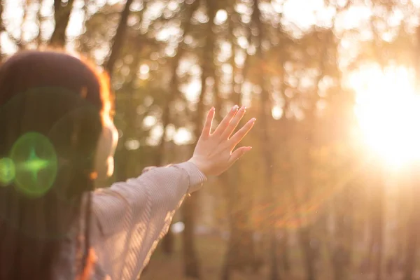 The girl closes a hand the sunlight which passes through her fingers on a hand Stock Image