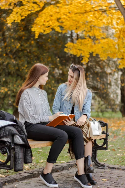 Kız arkadaşları sonbahar parkında bir bankta otururken notlar almak — Stok fotoğraf