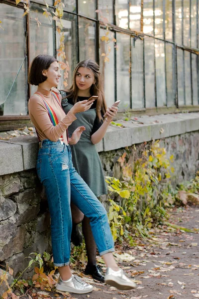 Dos estudiantes con teléfonos en el parque de otoño Fotos De Stock Sin Royalties Gratis