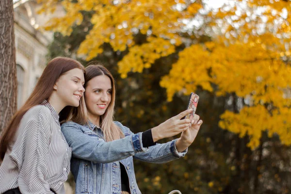 Duas meninas tomando selfie no parque de outono — Fotografia de Stock