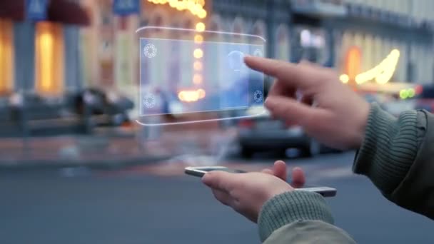 Tangan wanita berinteraksi HUD hologram Data Gudang — Stok Video