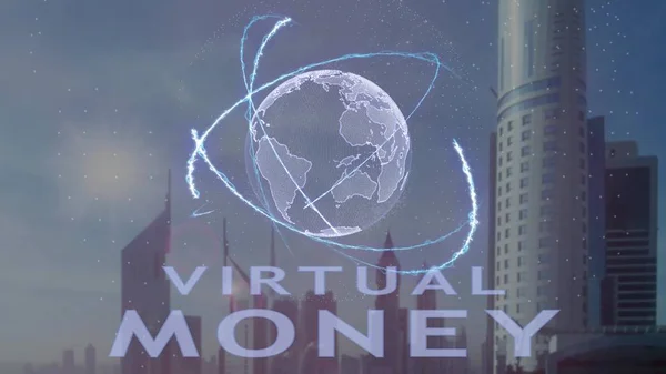 Texte d'argent virtuel avec hologramme 3D de la planète Terre sur fond de métropole moderne — Photo