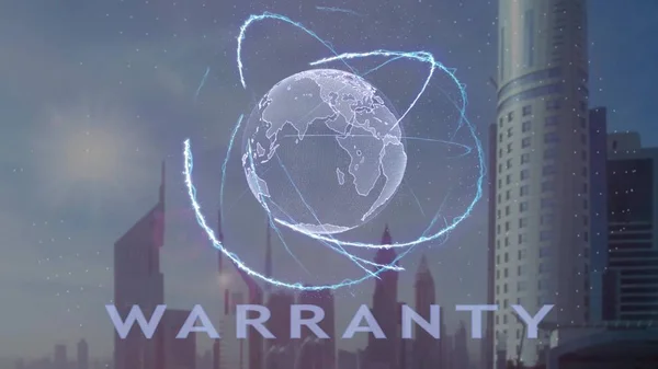 Warranty text with 3d hologram of the planet Earth against the backdrop of the modern metropolis
