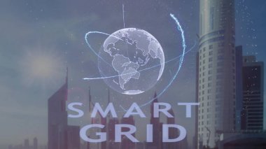 Akıllı kılavuz metin ile modern metropol zemin karşı Dünya gezegeninin 3d hologram