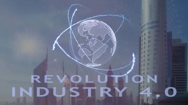Επανάσταση βιομηχανία 4.0 κείμενο με τρισδιάστατο ολόγραμμα του πλανήτη γη ενάντια στο σκηνικό της σύγχρονης Μητρόπολης — Φωτογραφία Αρχείου