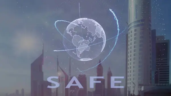 Bezpiecznego tekst z hologramem 3d planety ziemi na tle nowoczesnej metropolii — Zdjęcie stockowe