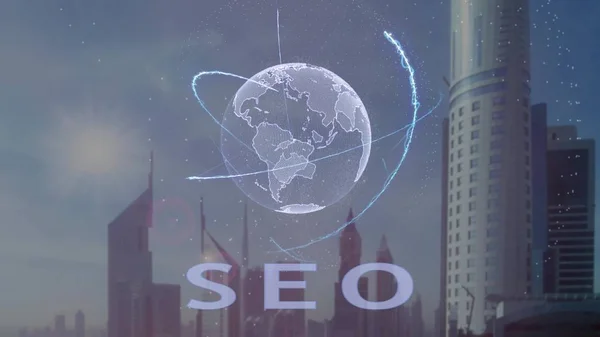 SEO текст с 3D голограммой планеты Земля на фоне современного мегаполиса — стоковое фото