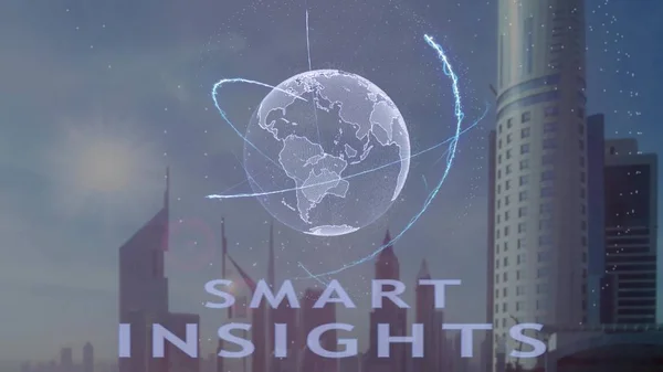 Smart insights testo con ologramma 3d del pianeta Terra sullo sfondo della metropoli moderna — Foto Stock