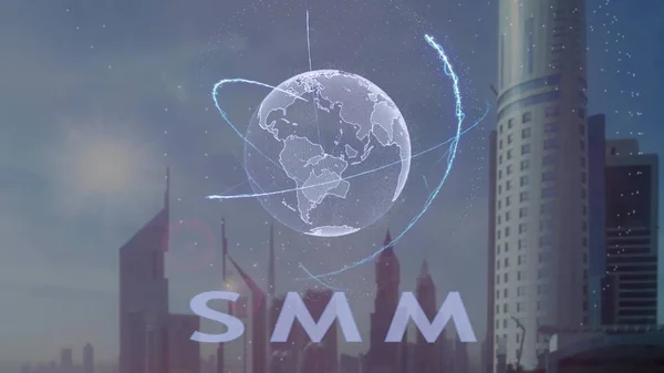 Testo SMM con ologramma 3d del pianeta Terra sullo sfondo della moderna metropoli — Foto Stock