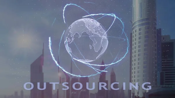 Testo in outsourcing con ologramma 3d del pianeta Terra sullo sfondo della metropoli moderna — Foto Stock