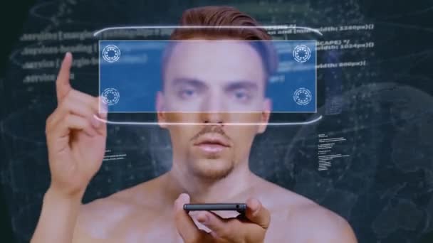 Guy interagisce con l'algoritmo dell'ologramma HUD — Video Stock