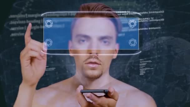 Guy interactúa con el análisis del holograma HUD — Vídeo de stock