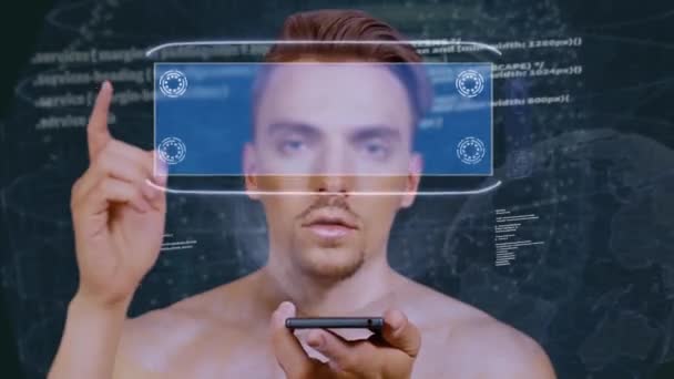 Guy interage holograma HUD Mude-se — Vídeo de Stock