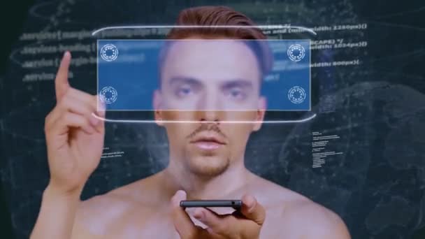 Guy interagisce ologramma HUD IoT — Video Stock