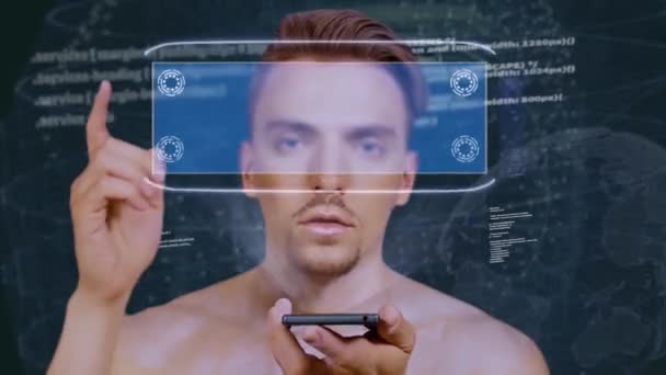 Guy interactúa holograma HUD Aprender inglés — Vídeo de stock