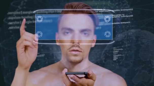 Guy interactúa holograma HUD Sostenibilidad de las personas — Vídeo de stock