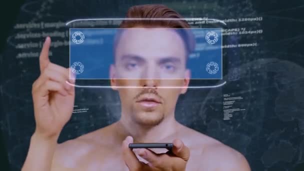 Guy kölcsönhatásba lép HUD hologram ideje — Stock videók