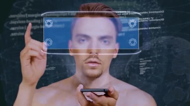 Guy interactúa HUD holograma Transparencia — Vídeos de Stock