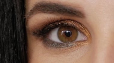 Closeup makro insan gözü kadın yanıp sönen yavaş hareket kahverengi ela kadar yakın