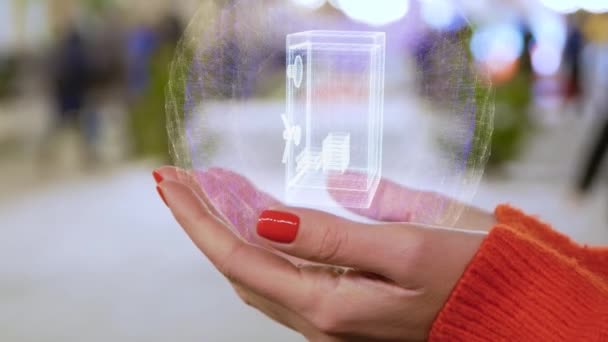 Frauenhände halten Hologramm-Safe mit Geld — Stockvideo