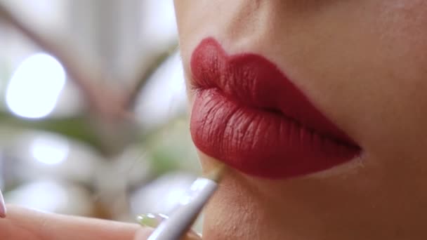 Roter Lippenstift auftragen — Stockvideo