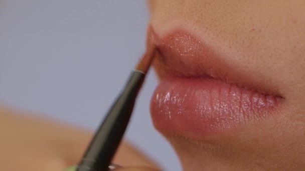 Maskenbildnerin trägt Lippenstift auf — Stockvideo