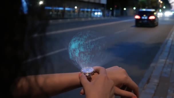 Unrecognizable woman with hologram Internet of things — Stock Video