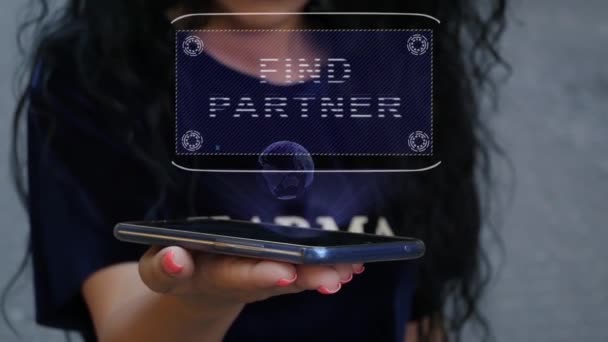 Woman showing HUD hologram Find Partner — Stock Video