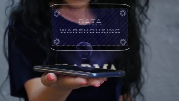 Woman showing HUD hologram Data Warehousing — Stock Video