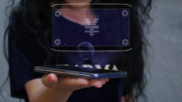 Mujer mostrando el signo de holograma HUD JPY — Vídeo de stock