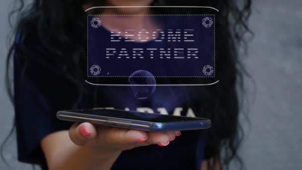 Nő mutatja Hud hologram Legyen partner — Stock videók
