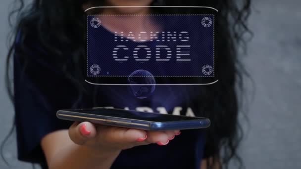 Woman showing HUD hologram Hacking code — Wideo stockowe