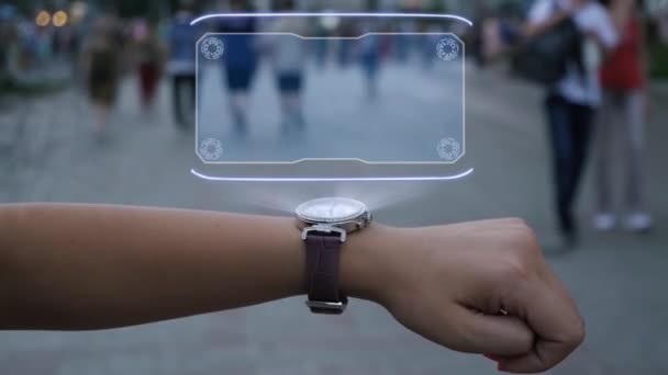 Mano femenina con holograma Transparencia — Vídeo de stock