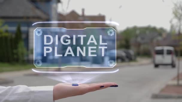 Weibliche Hand zeigt Hologramm Digitaler Planet — Stockvideo