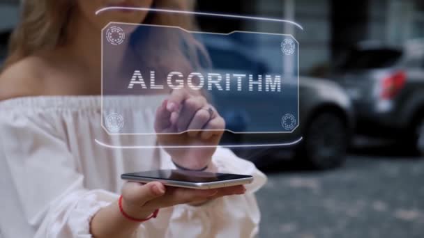 Блондинка взаимодействует с голограммой HUD Algorithm — стоковое видео