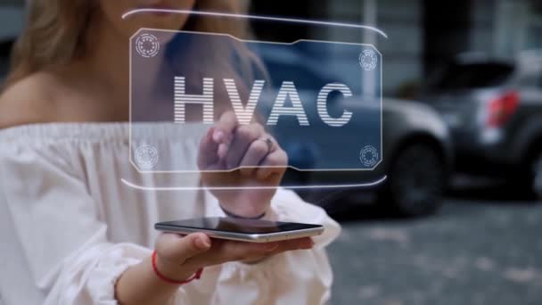 Loira interage holograma HUD HVAC — Vídeo de Stock
