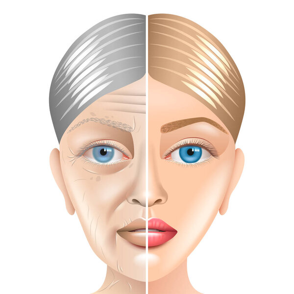 Young and old woman face aging concept isolated on white photo-realistic vector illustration