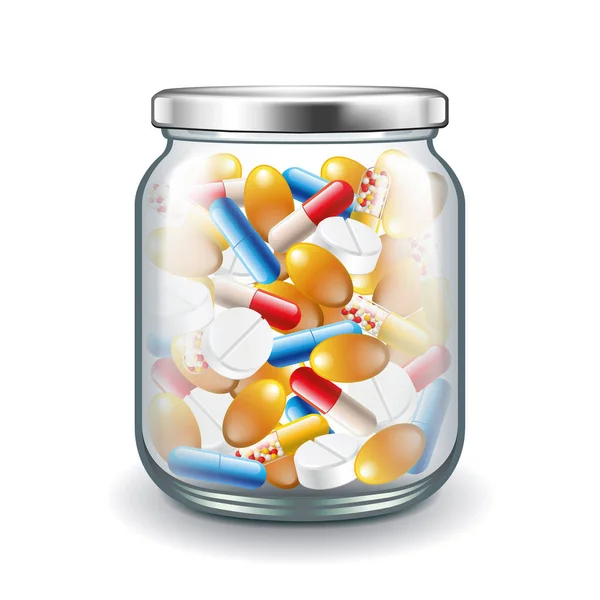 Pílulas Medicina Frasco Vidro Isolado Foto Realista Ilustração Vetorial Branco — Vetor de Stock