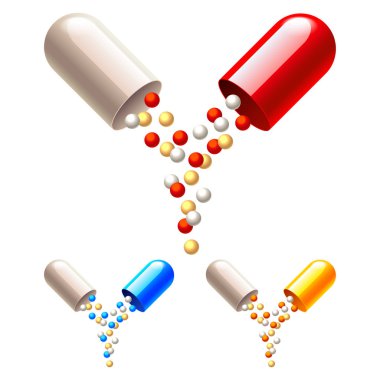 Kapsül ilaç granül izole vektör Foto-gerçekçi çizim ile açıldı