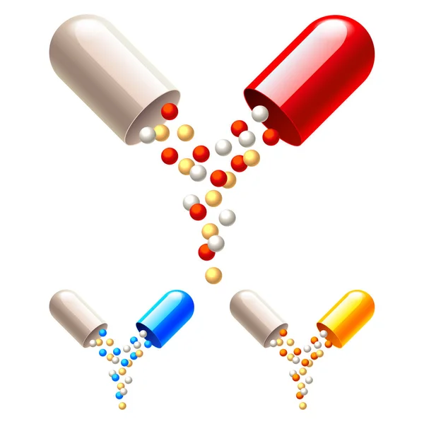 Відкрита Капсула Медичними Гранулами Ізольована Векторна Фотореалістична Ілюстрація Ліцензійні Стокові Ілюстрації