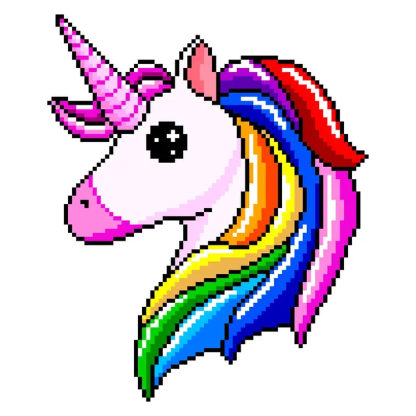 Pixel Cabeza Unicornio Con Crin Rosa Detallado Vector Aislado — Vector de stock