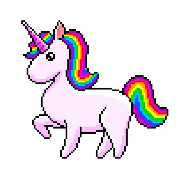 Pixel Cute Unicorn Rainbow Mane Detailed Isolated Vector — Stock Vector