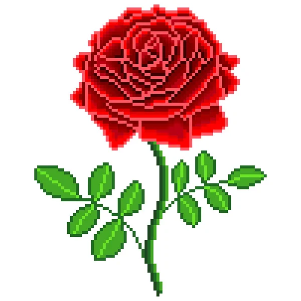 Pixel Kunst Rote Rose Blume Detaillierte Isolierte Vektor — Stockvektor