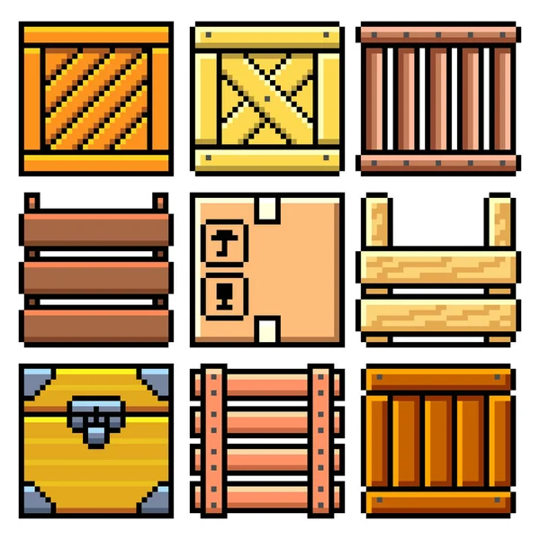 Pixel Art Different Crates Set Detailed Illustration Isolated Vector — Stock Vector