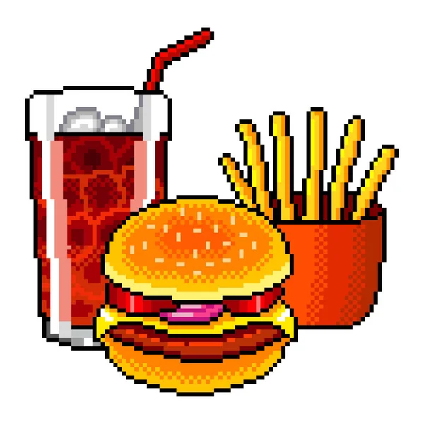 Pixel Τέχνη Φάστ Φούντ Κόλα Burger Πατάτες Τηγανιτές Λεπτομερής Εικονογράφηση — Διανυσματικό Αρχείο