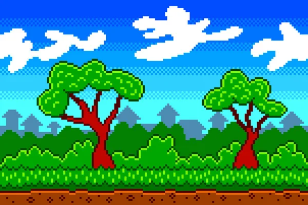 Pixel Art Χωριό Φόντο Λεπτομερής Εικονογράφηση Πολύχρωμο Διάνυσμα — Διανυσματικό Αρχείο