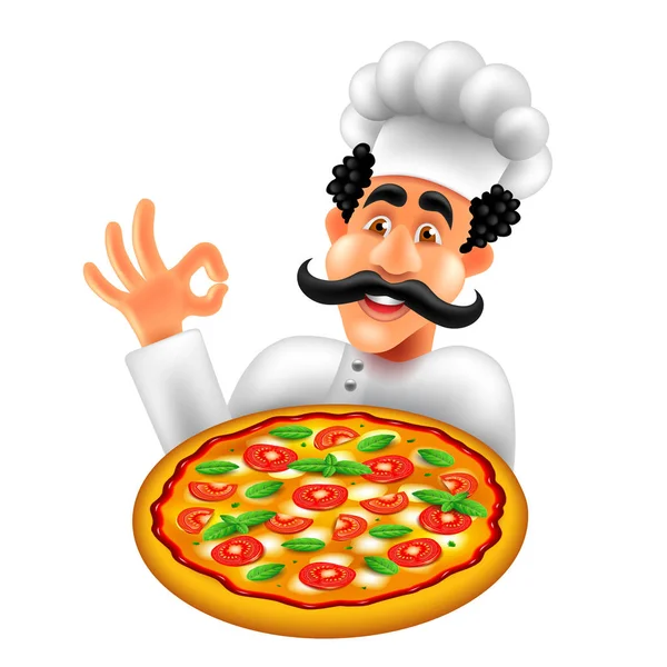 Beyaz Vektör Illüstrasyon Izole Karikatür Talyan Pizza Chef — Stok Vektör