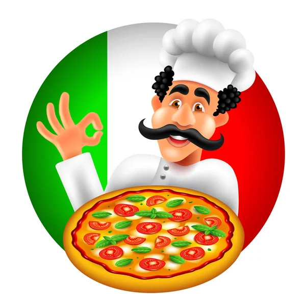 白いベクトルに分離されたラウンドのイタリアの国旗に漫画イタリアのピザ シェフ — ストックベクタ
