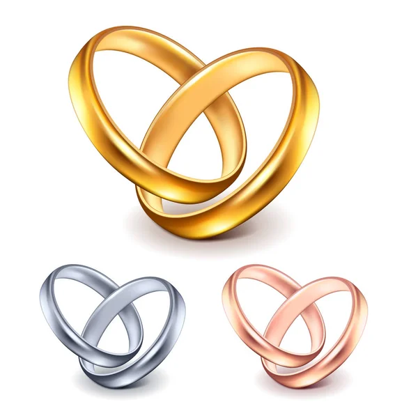 Anéis Casamento Dourado Prata Isolado Foto Realista Ilustração Vetorial Branco — Vetor de Stock