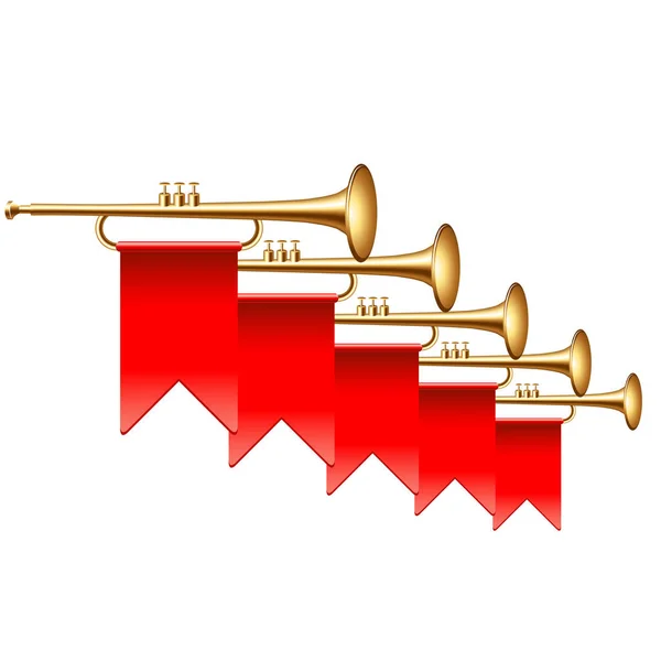 Trombiták Val Piros Zászlók Elszigetelt Fehér Fotó Realisztikus Vektoros Illusztráció — Stock Vector